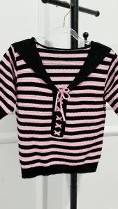 Atasan Wanita Dewasa Import Garis-Garis Tali Kepang Lengan Pendek Model Kekinian