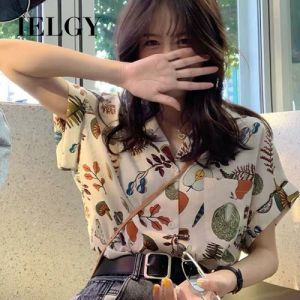 IELGY summer retro picnic print blouse design loose temperament short-sleeved shirt