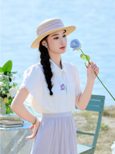 Artistic Design White Embroidered Flower Collar Short Sleeve Casual Shirt Womens Loose Fit Commute Style Moisture Wicking