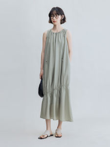 Loose Fit Acetate Blend Sleeveless Gathered Waist round Neck Dress Casual Style Spring Summer Grey Green/Black Long A-Line Dress