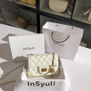 Fashionable Small Golden Ball Chain Crossbody Bag for Women Diamond Patterned Nubuck Lock Buckle Closure Casual Handbag