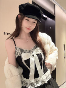 Fashionable Casual Versatile Butterfly Knot Color Block Lace Strap Vest Short Backless Top Women Trendy Korean Style Commute