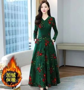 Thickened Fleece Autumn Winter New Style Womens Dress Mid-Length Base Layer Long Skirt Elegant High Waist V-Neck A-Line Gown