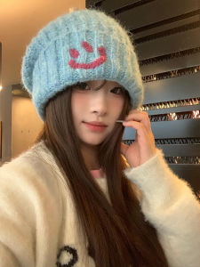 Cute Blue Knitting Woolen Cap Womens Autumn and Winter 2024 All-Matching Hat Big Head Circumference Show Face Small Ear Protection Beanie Hat