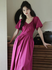 French Vintage Heart Collar Bubble Sleeve Long Dress High Waist Slimming Summer Holiday Dress White Enhancing A-Line Dress