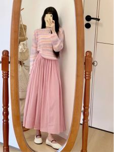 ชุดเดรสยาวแขนยาวทรงเอเอวสูงสไตล์เกาหลีสำหรับผู้หญิงช่วงต้นฤดูใบไม้ร่วง ชุดสองชิ้น ลายทาง คอโปโล ทรงเอ ชุดสองชิ้น