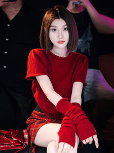 Red round Neck Pullover Sweater Womens Autumn Winter Fashion Slimming Stylish Top Street Style Knittedwear Short Sleeve