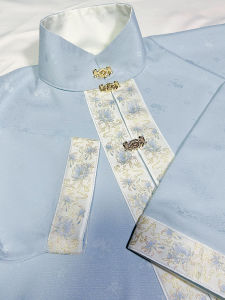 Wonder Song Ming Womens Han Chinese Clothing Spring New Arrival Ice Blue Dark Pattern Jacquard Stand Collar Placket Bow Bag Sleeve Short Shirt