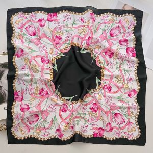 ผ้าพันคอไหมพิมพ์ลายดอกไม้สีชมพูสำหรับผู้หญิง ฤดูใบไม้ผลิและฤดูร้อน ผ้าพันคอสีบาง ตกแต่งด้วยผ้าไหม ดีไซน์เรียบง่าย สัมผัสหรูหรา