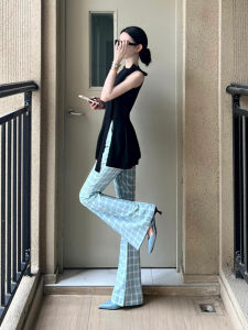 กางเกงขายาวทรงหลวมเอวสูงลายสก็อตสีน้ำเงินสไตล์ย้อนยุคสำหรับผู้หญิงในช่วงฤดูร้อน กางเกงขายาวทรงสลิมฟิตลำลอง