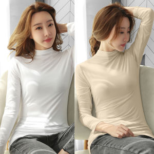 เสื้อยืดคอตั้งสูงแบบบาง แขนยาว ผ้าโมดอล สำหรับผู้หญิง ฤดูใบไม้ร่วง/ฤดูหนาว เสื้อชั้นใน เสื้อผ้าทำงาน สไตล์เรียบง่าย ลำลอง