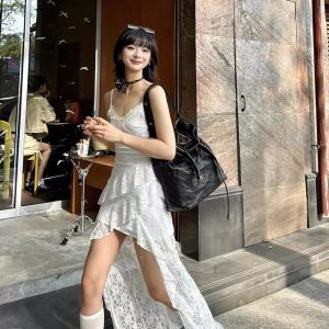 French Lace Irregular Waist-Cinching Summer Dress White Fairy