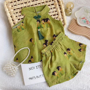 ชุดเสื้อผ้าสไตล์จีนสำหรับฤดูร้อนสำหรับเด็กผู้หญิงทารกเสื้อกั๊กแขนกุดพิมพ์ลายผู้หญิงน่ารักเสื้อยืดและกางเกงขาสั้นชุด 2 ชิ้นสำหรับเสื้อผ้าเด็กอายุ 2-7 ปี