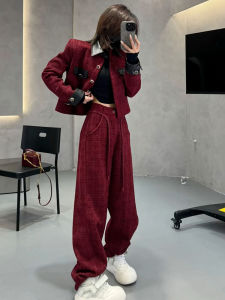 Fashionable Splice Slimming Short Coat And High Waist Wide Leg Pants Two-Piece Set for Women Spring Autumn Bestseller