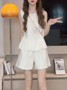 Shalldoer | Casual Fashionable Summer Outfit Womens Sleeveless Top Wide Leg Shorts Two Piece Set Round Neck Polyester Fiber Short Sleeve