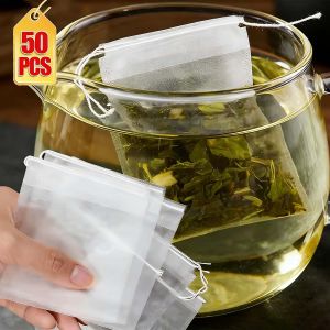 50x Nylon Mesh Filter Bag Disposable Teabag Coffee Spice Filter Net Drawstring Pouch Kitchen Strainer Bag Empty Tea Bag
