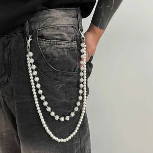 Ingemark Hip Hop Rhinestone Imitation Pearl Keychains Waist Belt for Men Punk Jeans Pants Bag Wallet Chains Street Jewelry Gift
