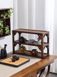 Double Storage Rack Tea Set Teacup Teapot Storage Rack Wooden Retro Chinese Display Rack Desktop Storage Rack
