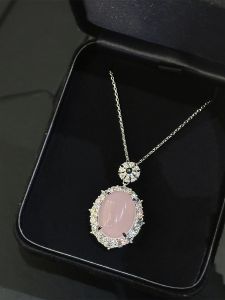 Adjustable S925 Sterling Silver Pink Agate Necklace Womens Fashion Jewelry Sweater Chain Gentle Style  out Sweet Pattern