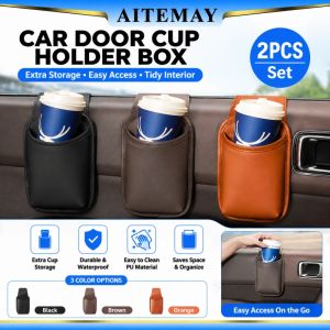 Aitemay 2pcs Car Door Cup Holder Storage Bag Universal Paste Hanging Drink Rack Organizer Box Waterproof PU Leather Auto Side Pocket For Bottle Phone