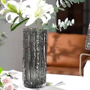 Lọ hoa decor dáng trụ gốc cây sần Qhouse  bình hoa thuỷ tinh trang trí để bàn làm việc phong cách scandinavian sang trọng độc đáo