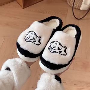 XIXITIAO Cute Spot Dog Comfortable Home Confinement Shoes Female Winter Indoor Platform Warm Plush Color Matching Cartoon Cotton Slippers