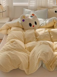 Pure Cotton Washed Bedding Set Four Pieces Fufu Cream Color Dormitory Bed Sheet Cover Quilt Cover Student Bedding Three Pieces Set