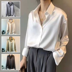 STOCK+COD Korean Lapel Long Sleeve Satin Solid Color Top Womens Loose Shirt Top