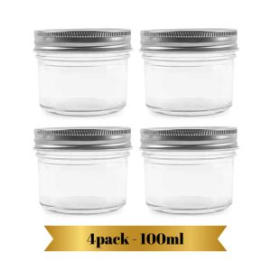 Mason jar 4pack 100ml silver lid good quality  (fruit can honey jam yogurt bowl and salad) Organiser Canister Bottles