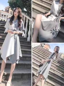 Elegant Shirt Collar Splice Skirt Slimming A-Line Silhouette Summer Midi Dress Three-Quarter Sleeve Asymmetrical Hem Goddess Style