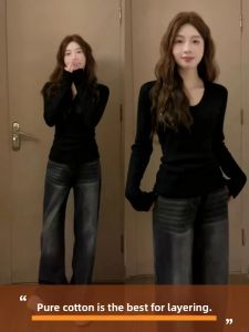 SUHUIQIAN | Slimming High Neck Long Sleeve T-Shirt Women 2026 Autumn