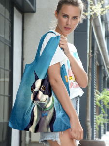Blue Bulldog Fashion Foldable Eco-friendly Shopping Bag Shoulder Handbag Travel Storage Bag Single Strap Bag Canvas Tote Bag