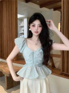 GUZILIAN | Sweet Waist Cinched One Shoulder Shirt Women Gentle Summer Pure Desire Spicy Girl Lace Trim Waist Shaping Fashionable Top