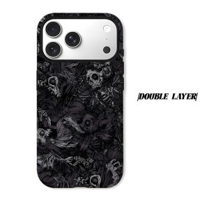 Dark Skull Bat Texture Phone Case for iPhone 18 17 16 15 14 13 12 11 Air Pro Max Plus Double-layer Cover