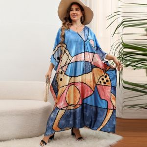 Dreamy Blue Kaftan Women Dress Abstractionism Designer Long Caftan Dubai Exclusive Luxury SilkLike Overall Tunic Robe Chic Cover Loose Maxi Dresses