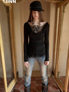 1JINN STUDIO | Retro Draped Lace Double Layered Slim Fit Top
