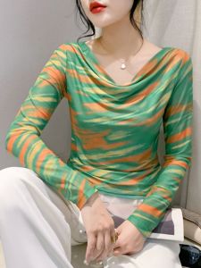 Thanh Lịch Áo Thun Mùa Xuân 2024 Thiết Kế Nữ Tính Đường Viền Cổ Áo Lưới Áo Dài Tay Cơ Sở Nữ Thời Trang Thon Gọn Áo Thời Trang