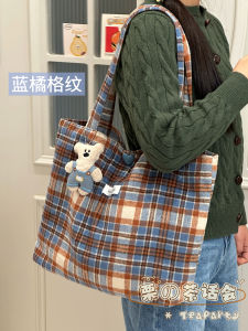 Corduroy Plaid Tote Bag Womens College Style Single Shoulder Handbag Lightweight Casual Autumn Winter Fashion Bag