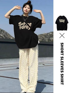 เสื้อยืดแขนสั้นผ้าฝ้ายแท้สีดําสําหรับผู้หญิงสไตล์หวานเท่หลวมพอดีขนาดใหญ่เหมาะสําหรับฤดูร้อน