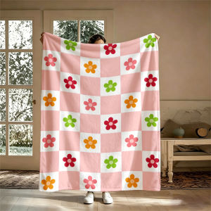 Pink Checkered Florals Flannel Blanket Soft Warm Christmas Halloween Blanket for Lightweight Cozy Room Home Decor Gifts