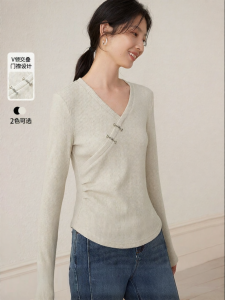 Yigue | Wrinkled Waist Tying Unique Design V-Neck Long-Sleeve Versatile Blouse