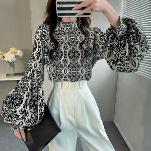 Green Print 3D Lantern Sleeve Shirt Womens Spring 2024 Stand Collar Chiffon Fashionable Shirt Long Sleeve Regular Length