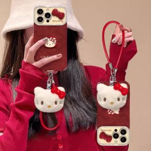Kitty Cat iPhone 17 pro Max Phone Case New Years Red Full Cover Plush Anti-Fall Protection Creative Fashion Silicone Material