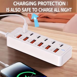 66W 12 in 1 USB Fast Charger 6 USB 6 Type C Multi Ports Plug Hub 1M Extension Cables USB Extender for Phone Laptop Power Strip