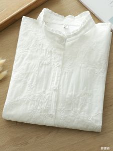 Elegant Pure Cotton Long Sleeve White Shirt Womens Fashionable Embroidered Stand Collar Shirt French Artistic Style Base Top