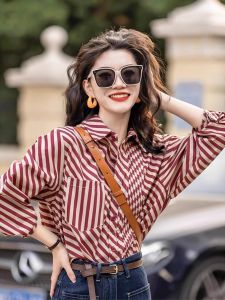chaqi | Womens Striped Shirt Autumn New Design Sensation Hong Kong Style Retro Casual Chiffon Versatile Top Coat Korean Commute Style