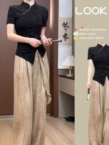 plus Size Womens Fashionable Slimming Top And Wide Leg Pants Two Piece Set Chinese Style Summer New Arrival Elegant Sister
