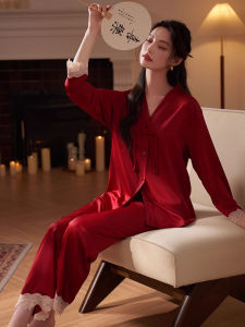 Victorias Classic Chinese Style Wedding Sleepwear Womens Thin Ice Silk Red Home Clothes Set Simple Lace Trim Pure Color