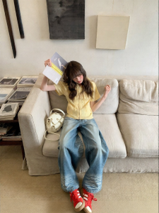 NIHAOKANONG | Quần Jeans Cao Bụng Đùi Rộng Ôm Phối Mẫu Retro
