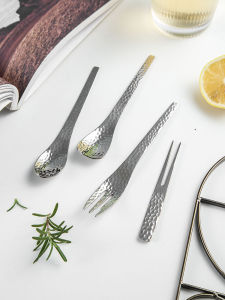 Japanese Ins Hammer Pattern 304 Stainless Steel Dessert Spoon Golden Fruit Fork Hammer Print Coffee Spoon Ice-Cream Spoon Cake Fork